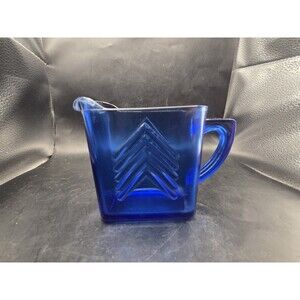 Vintage Hazel Atlas 30s Depression Cobalt Blue Art Deco Creamer Chevron Glass